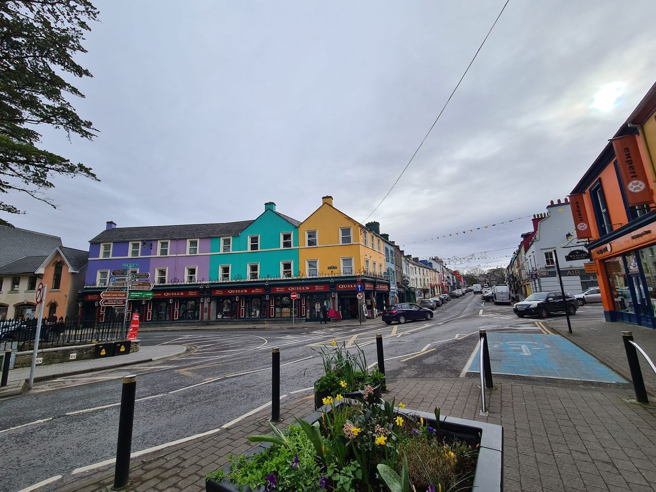 Town center of a small Irish town with colourful houses on a cloudy morning