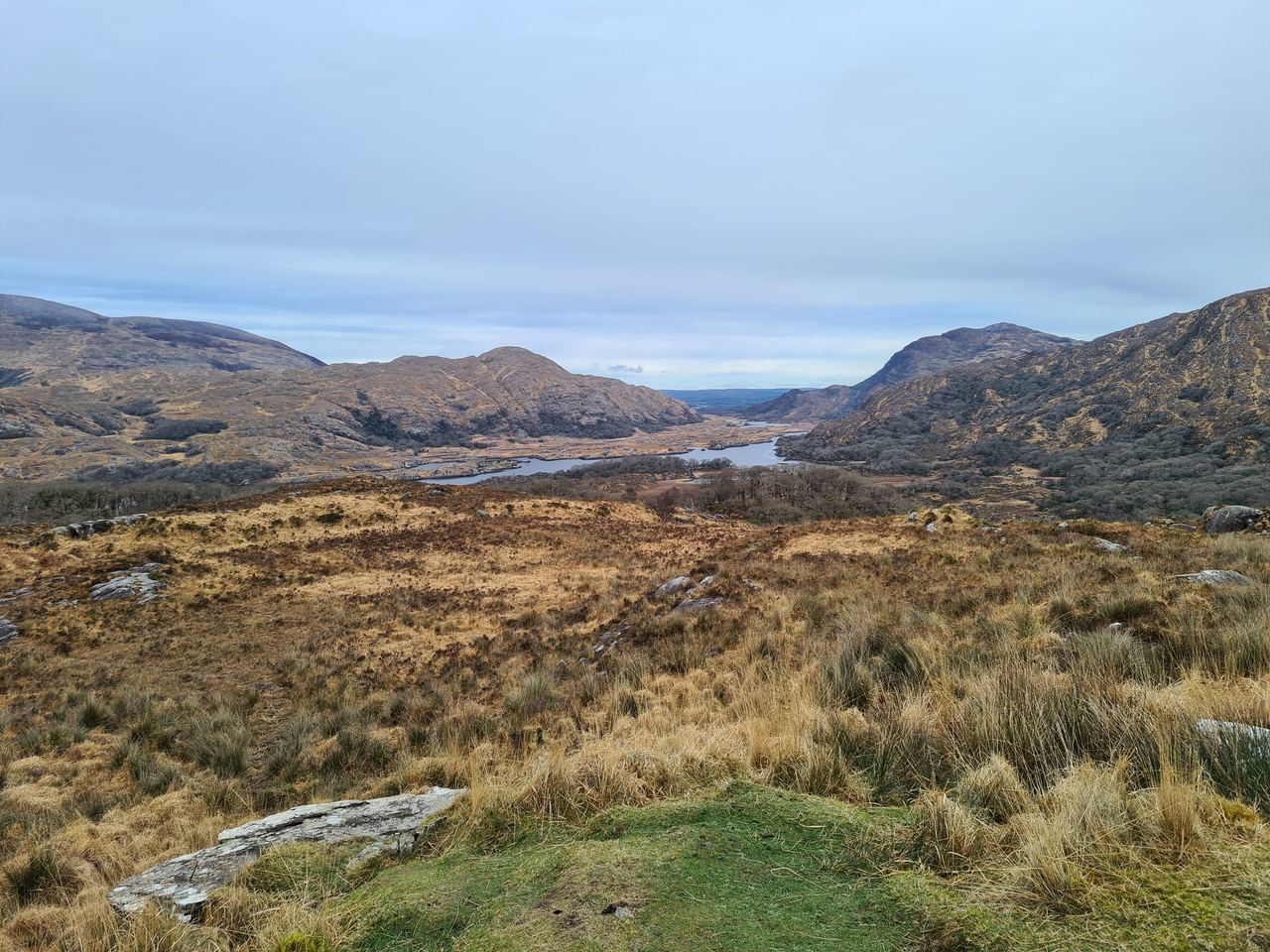 Valley with a small lake and half dried yellowish grass pictured from a viewing point