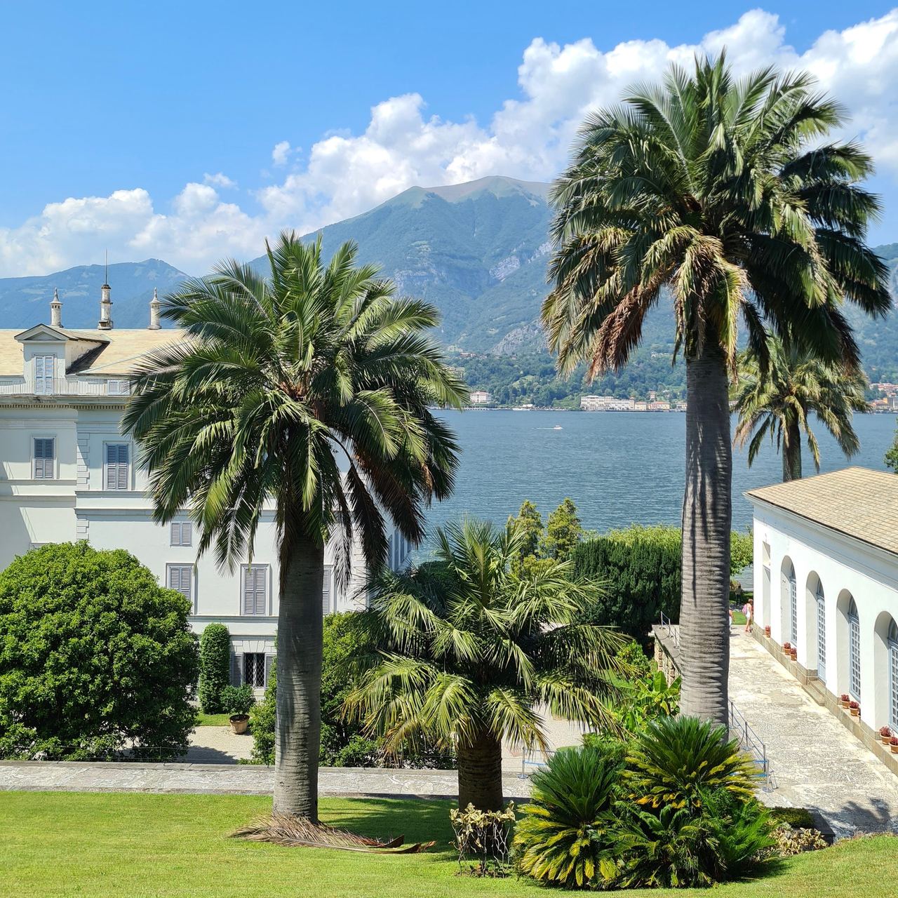 Sunny lakeside villa framed by tall palm trees, with blue water, mountain peaks, and fluffy clouds creating a tranquil Mediterranean scene.