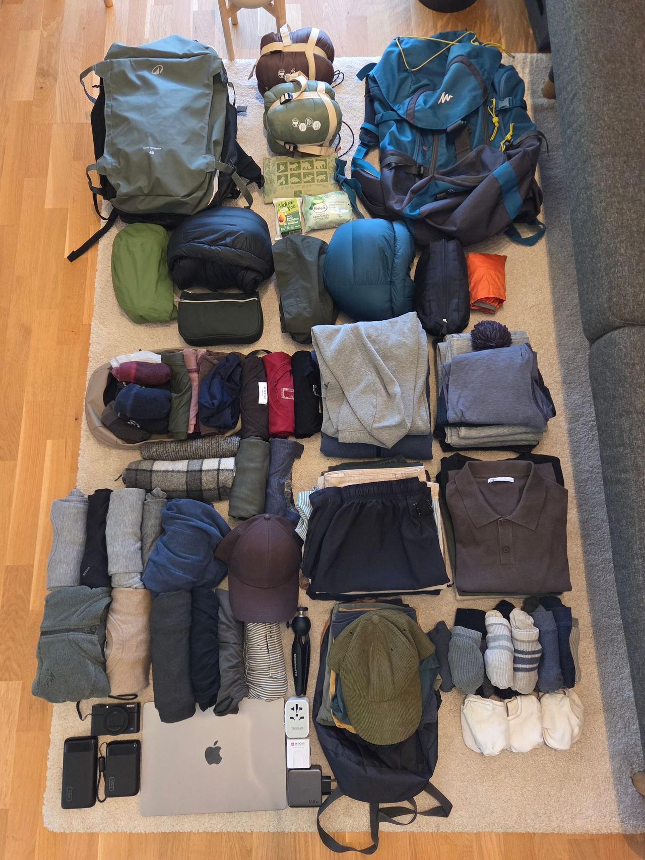 Backpacking gear neatly arranged on a rug: backpacks, camping equipment, rolled clothing, shoes, electronics, and travel accessories.