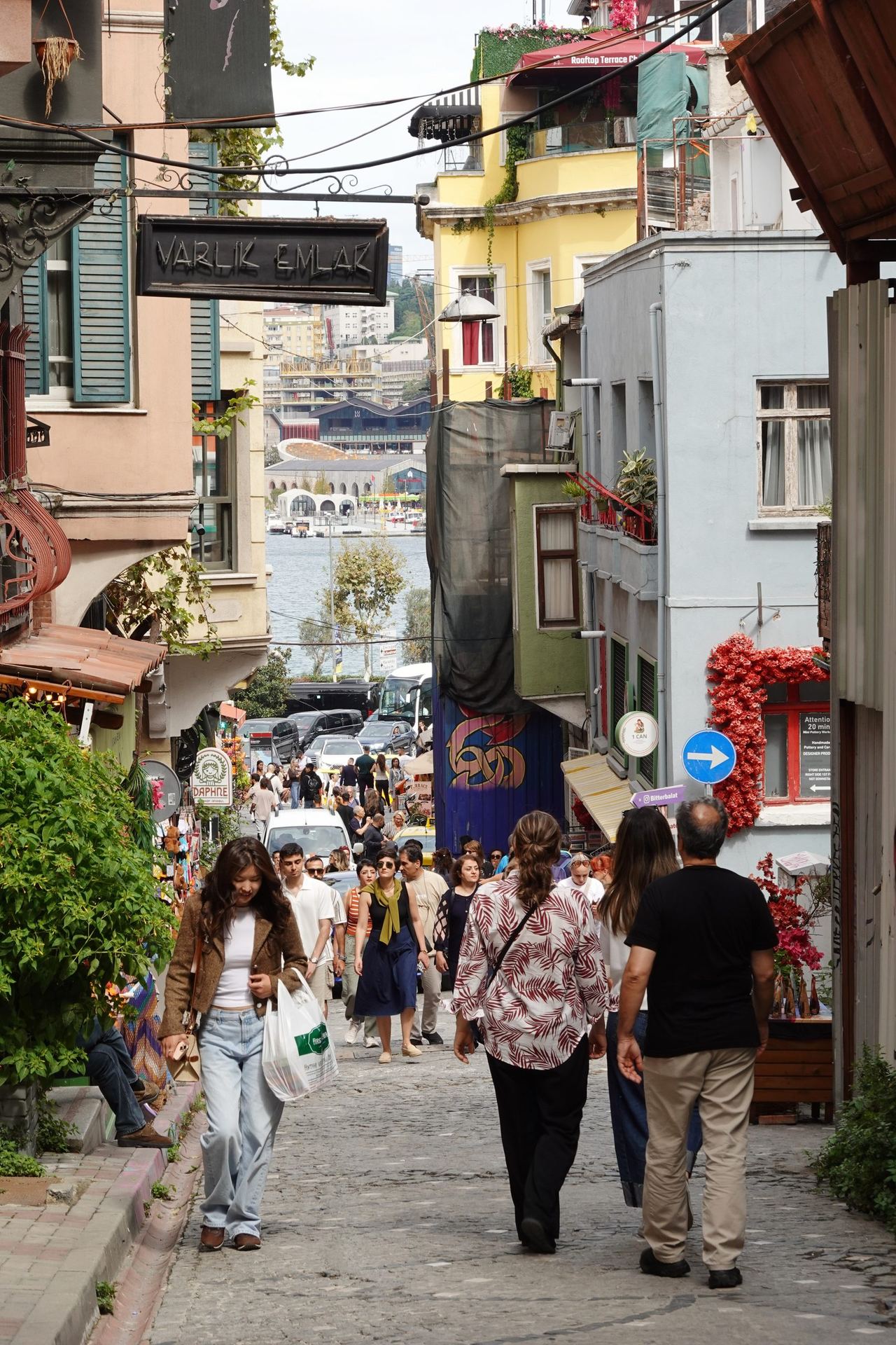 Bustling pedestrians climb a steep cobbled Istanbul street in Balat, shops and plants, with the waterfront visible below.