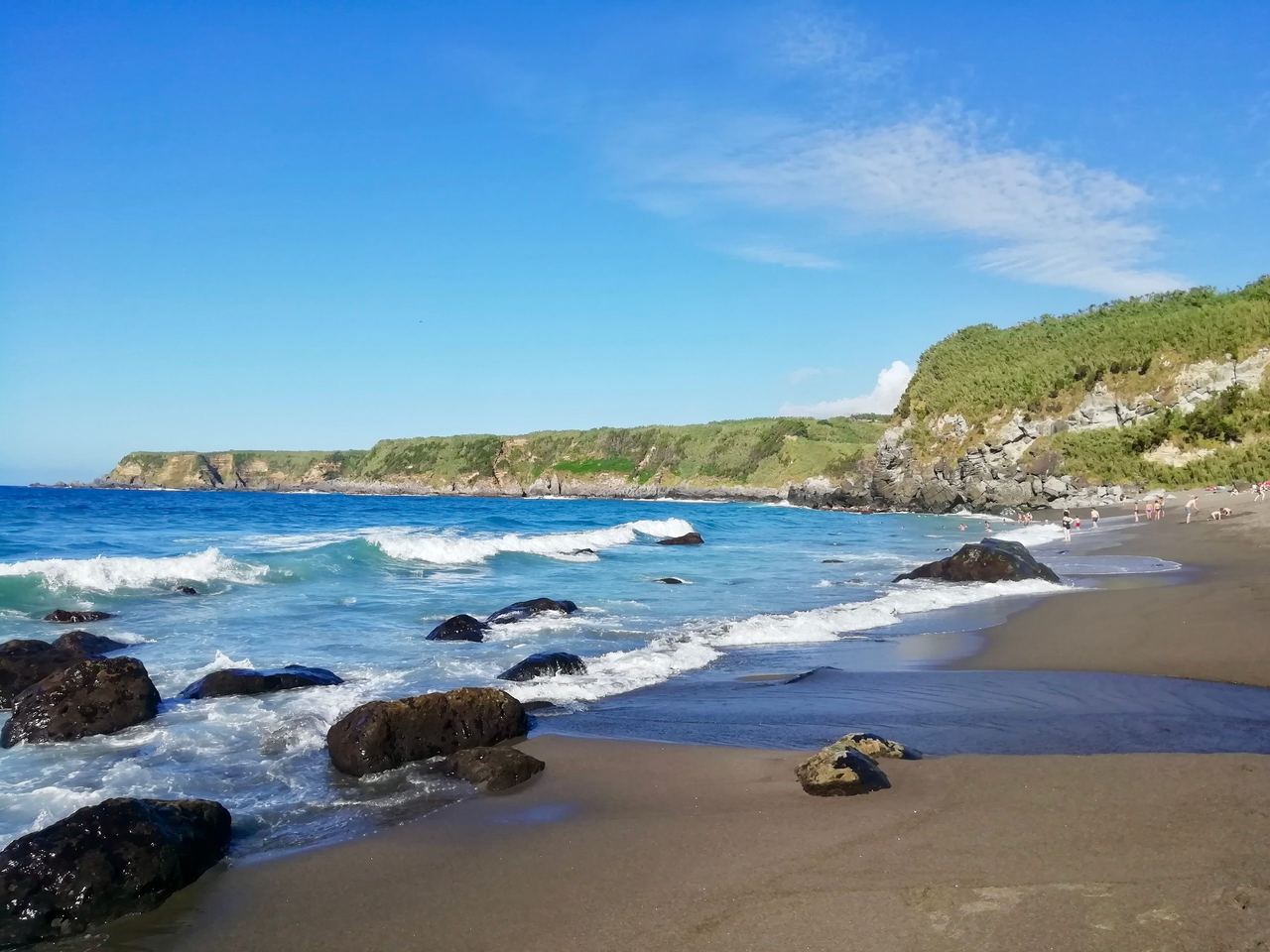 Sandy shore with a few smaller rocks on the ocean