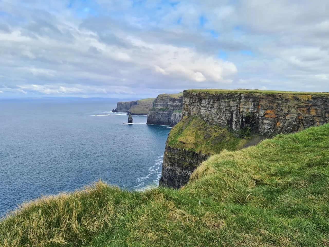 Sea cliffs next to the water covered with green grass