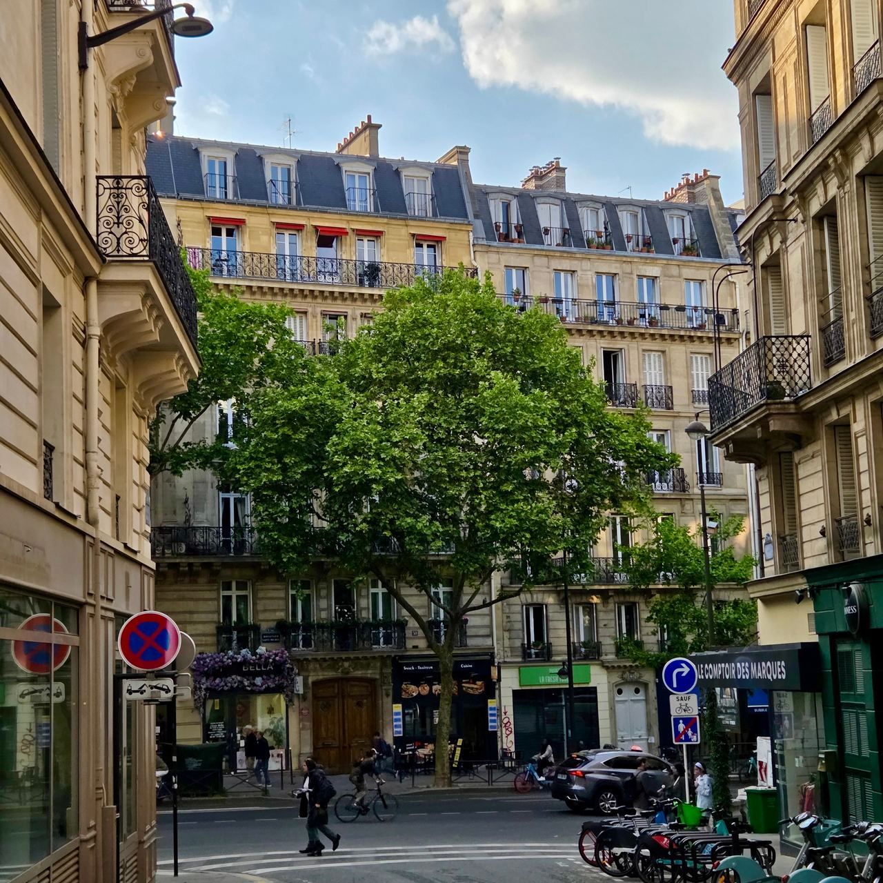 A quiet street corner with pale stone buildings, wrought-iron balconies and a large plane tree