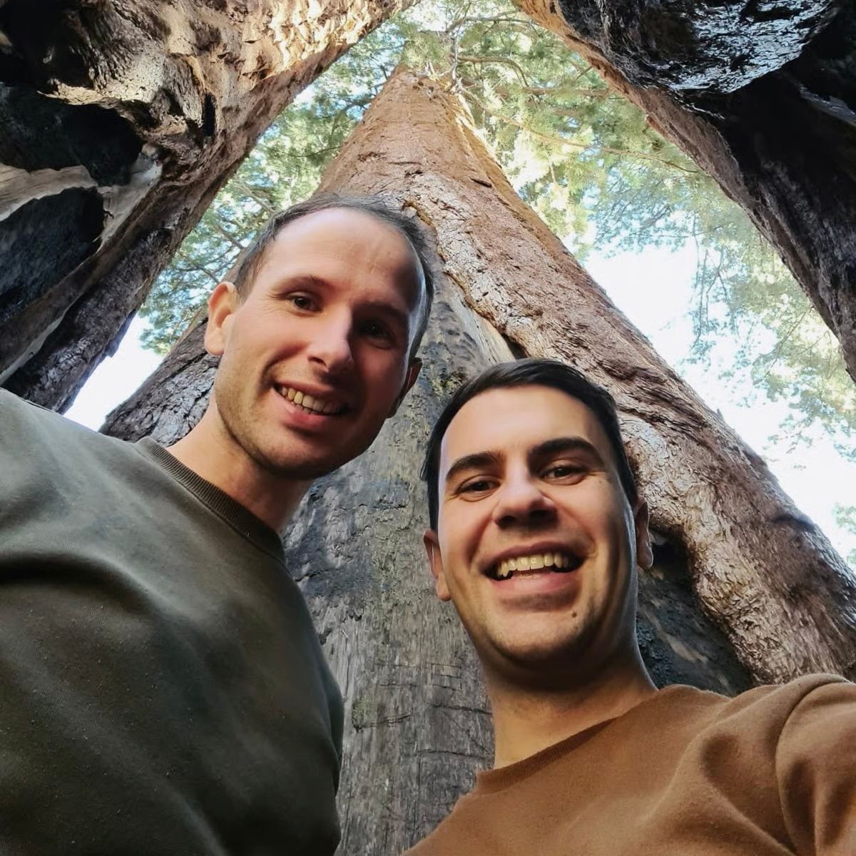 Krisztofer and Dávid smiling down to the camera under giant sequoias